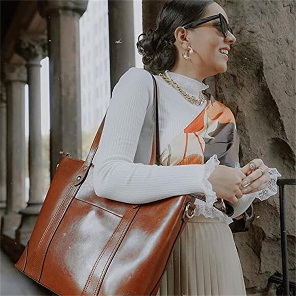 S-ZONE Leather Tote Bag for Women, 15.6" Work Laptop Shoulder Handbag - Picture 2 of 7